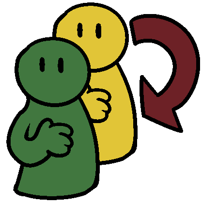 A yellow and a green figure with their hands on their chest and a red our coming from and pointing to them